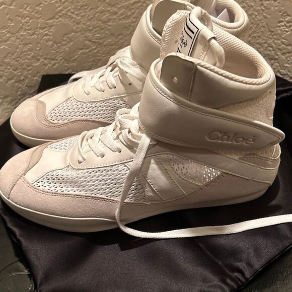Chloe Women’s Size 41 Kick Leather & Mesh High Top Sneaker Cloudy Cream NEW - Picture 4 of 16